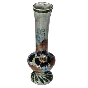 Vintage Mexico Tonala floral slate gray pottery vase